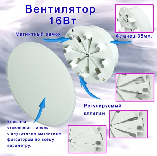 Тонкий бесшумный вытяжной вентилятор для ванной Mmotors ММР 120 глянцевое стекло круг белый